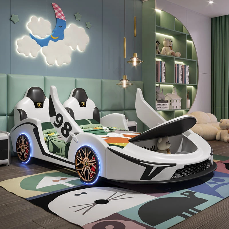 儿童床男孩女孩公主床1.5汽车0.9m储物卡通带护栏单人跑车真皮床