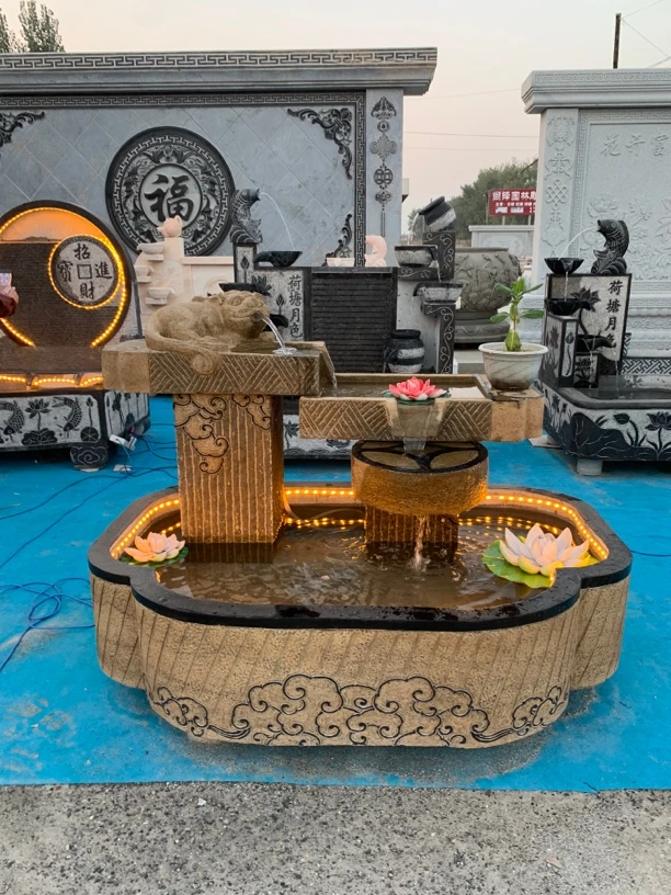 石雕流水鱼缸庭院石头水幕墙流水景观室内青石水系水景石盆石缸