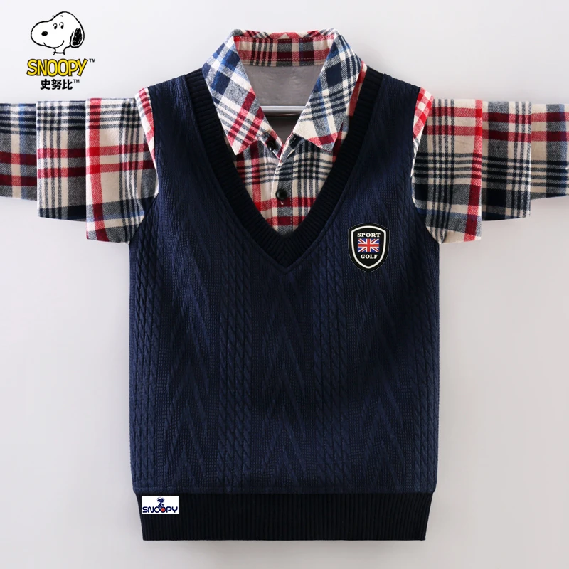 史努比男童衬衫领毛衣2024春秋新款男孩学院风中大童假两件上衣
