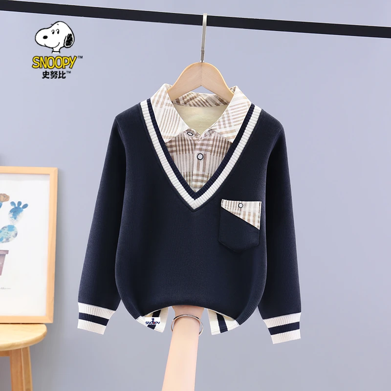 史努比男童卫衣假两件秋冬季2025新款中大童休闲男孩一体绒打底衫