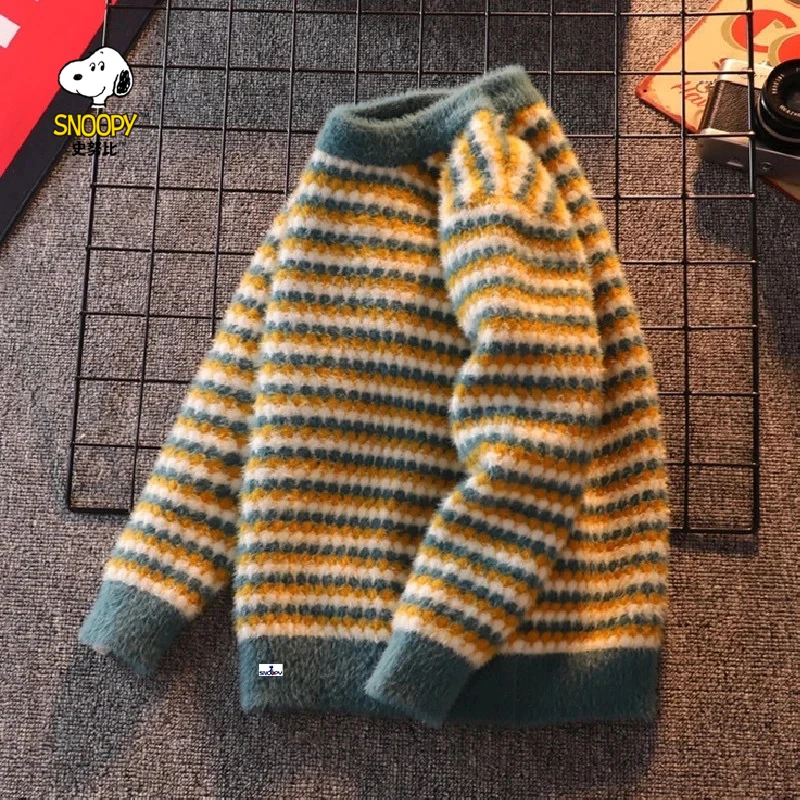 史努比男童水貂绒条纹毛衣秋冬新款中大童男孩儿童针织衫加绒加厚