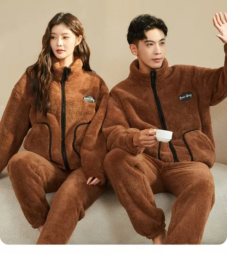 冬季睡衣加绒加厚秋冬卡莱绒可外穿家居服套装男女法兰绒情侣睡衣