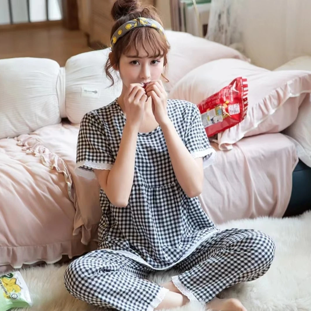 春秋新款韩版宽松舒适格子睡衣女套装【80-160斤】