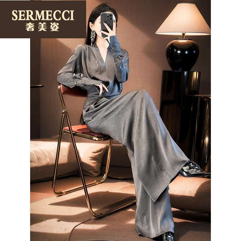 秋冬韩系穿搭套装小个子显高时尚轻熟风灰色上衣阔腿裤两件套女装