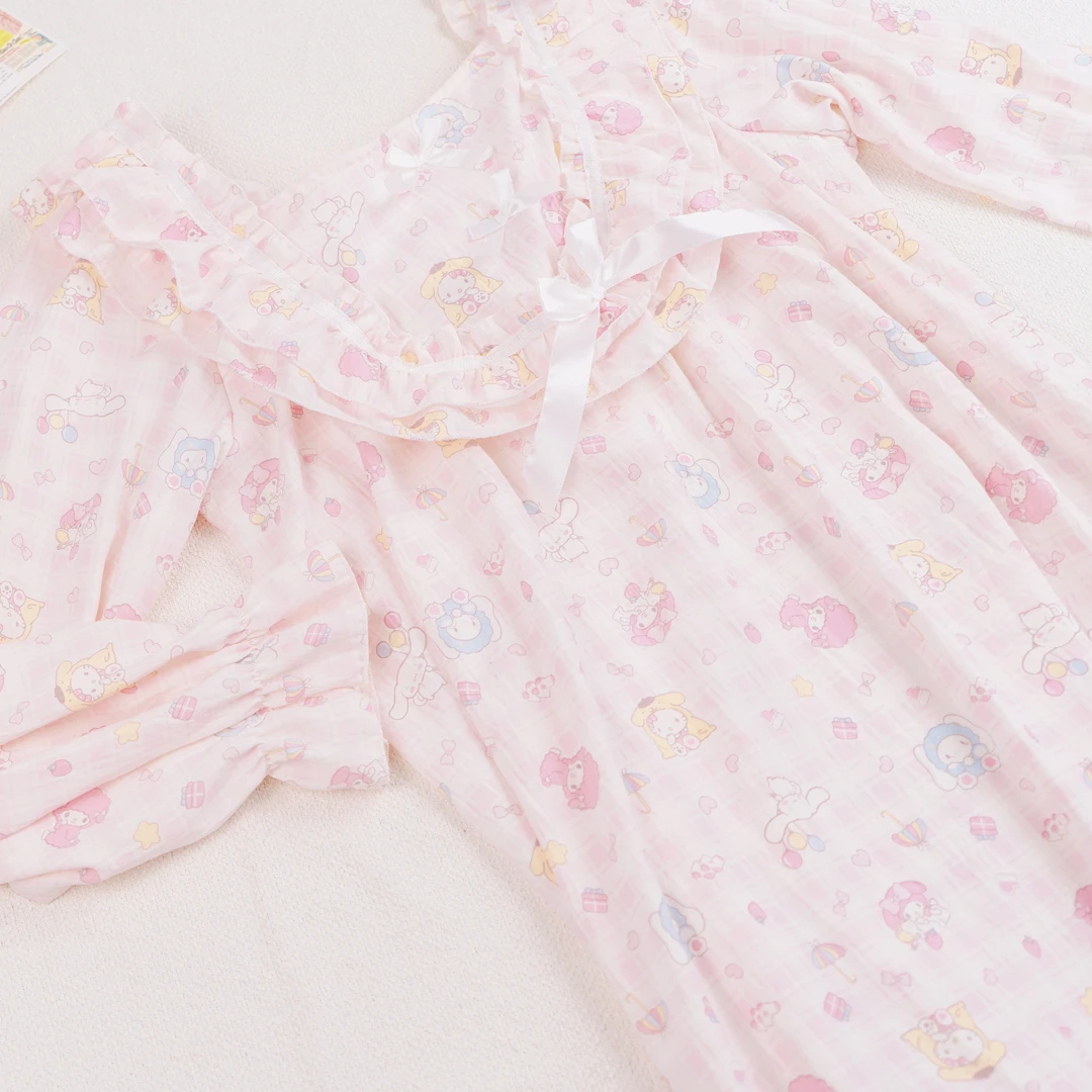 带胸垫可拆卸睡裙女长袖长裙春秋季可爱女学生甜美新款格子裙