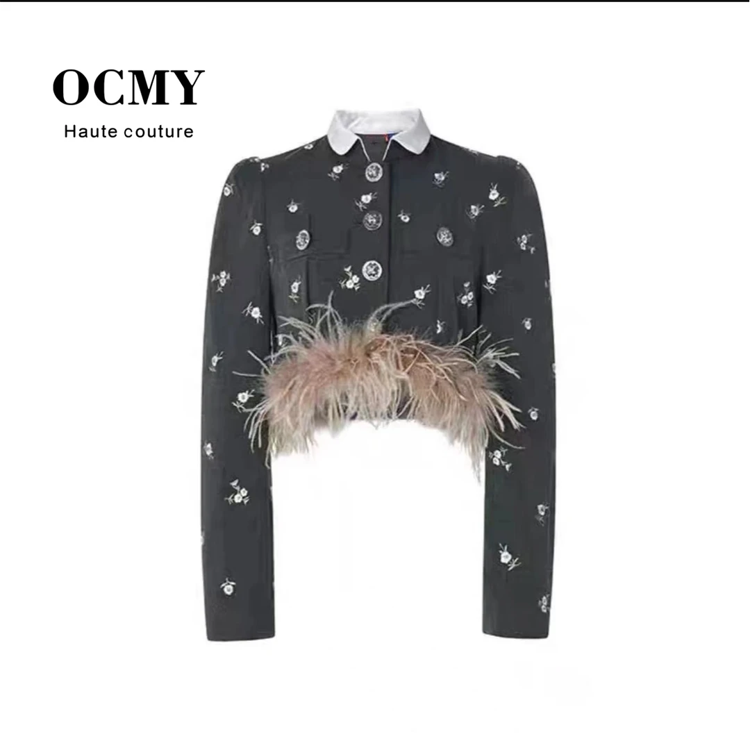 OCMY【品牌直营】新品新中式翻领刺绣毛毛短款西装套装Y24Q3657