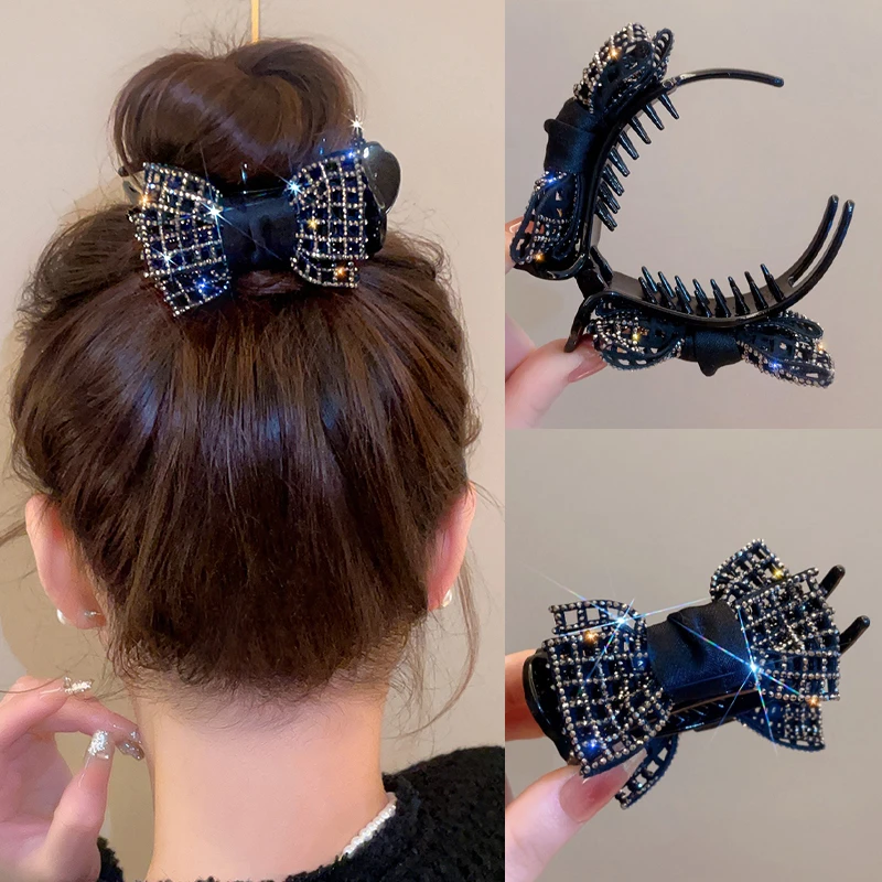 高级感马尾水钻发夹蝴蝶结丸子头抓夹女后脑勺顶夹发饰品2025新款