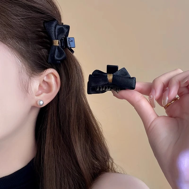 韩国新款黑色蝴蝶结小抓夹公主头侧边夹子鲨鱼夹前额刘海发夹头饰