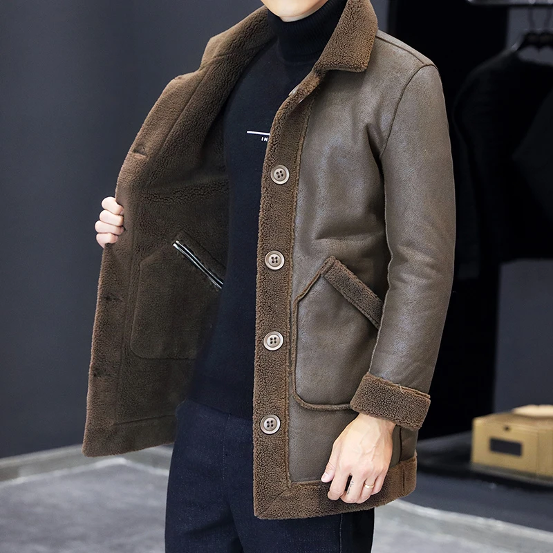 男士冬季新款潮牌摇粒绒中长款翻领夹克男皮毛一体两面穿外套爆款