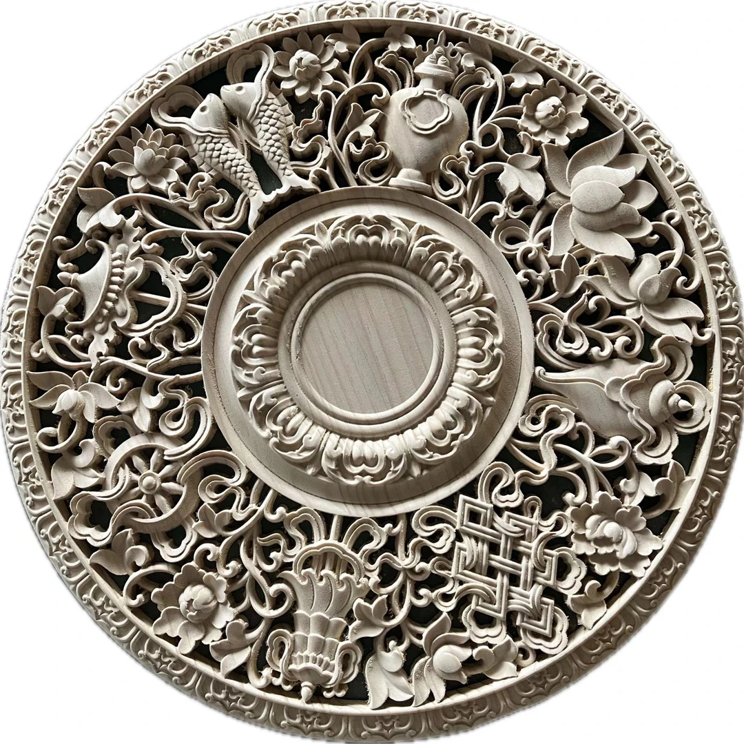 东阳木雕藏式灯盘实木八宝灯罩雕花圆盘镂空吊顶圆贴花吉祥雕刻画