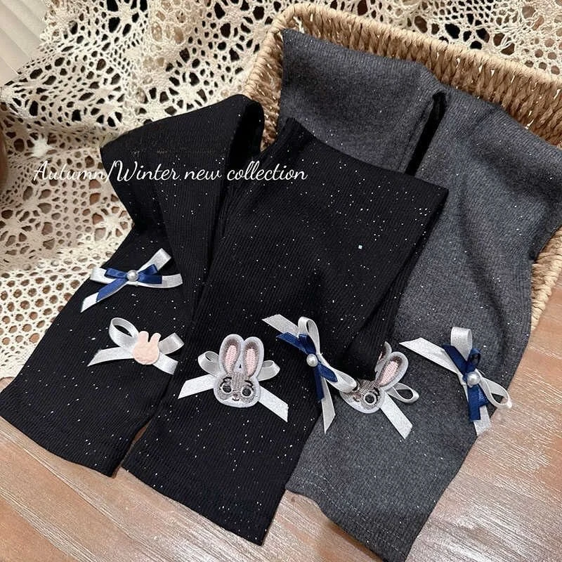 女童长裤春秋蝴蝶结亮闪闪珍珠新款洋气时髦卡通外穿百搭打底裤