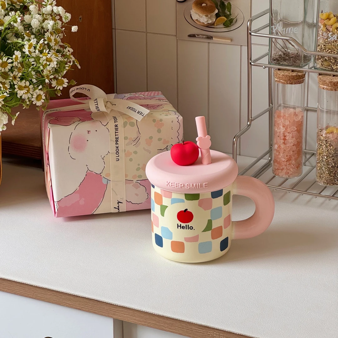 可爱粉色带盖吸管杯送闺蜜生日礼物马克杯水杯特别好看的陶瓷杯子