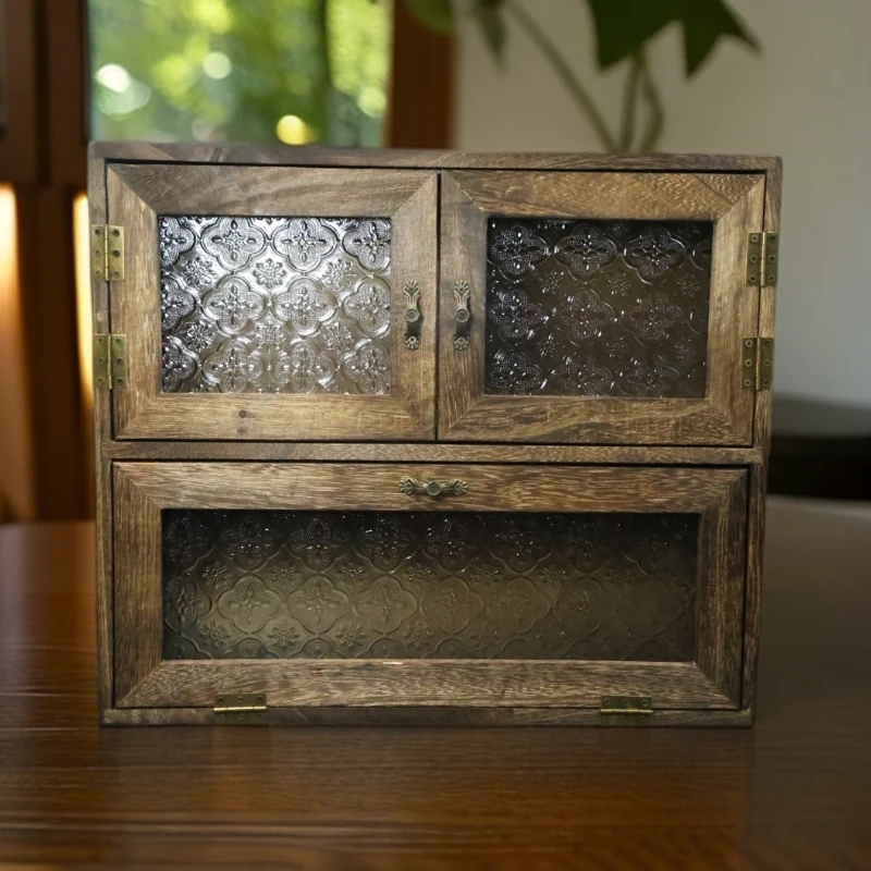 实木双层多格收纳柜复古古风做旧木质储物柜客厅整理柜8028