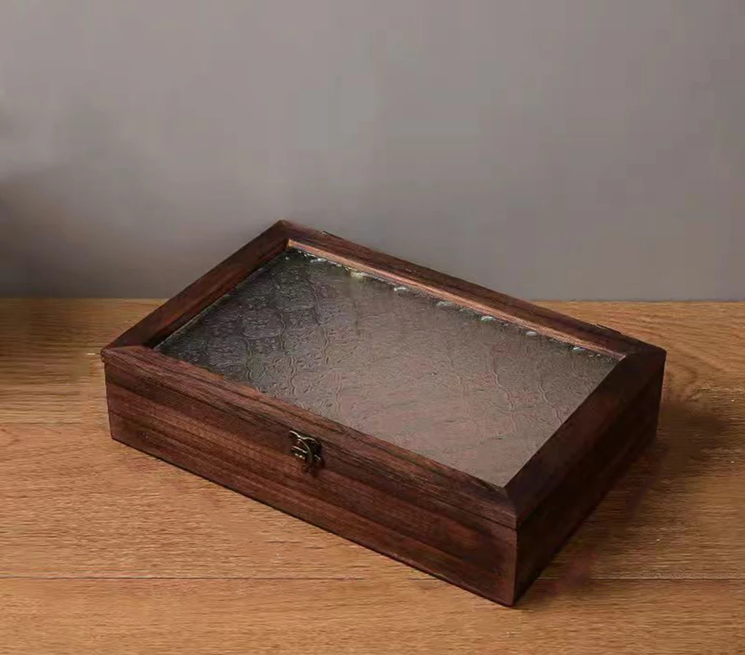 实木海棠花玻璃收纳盒复古精致木盒子中式木纹方形实木质1130