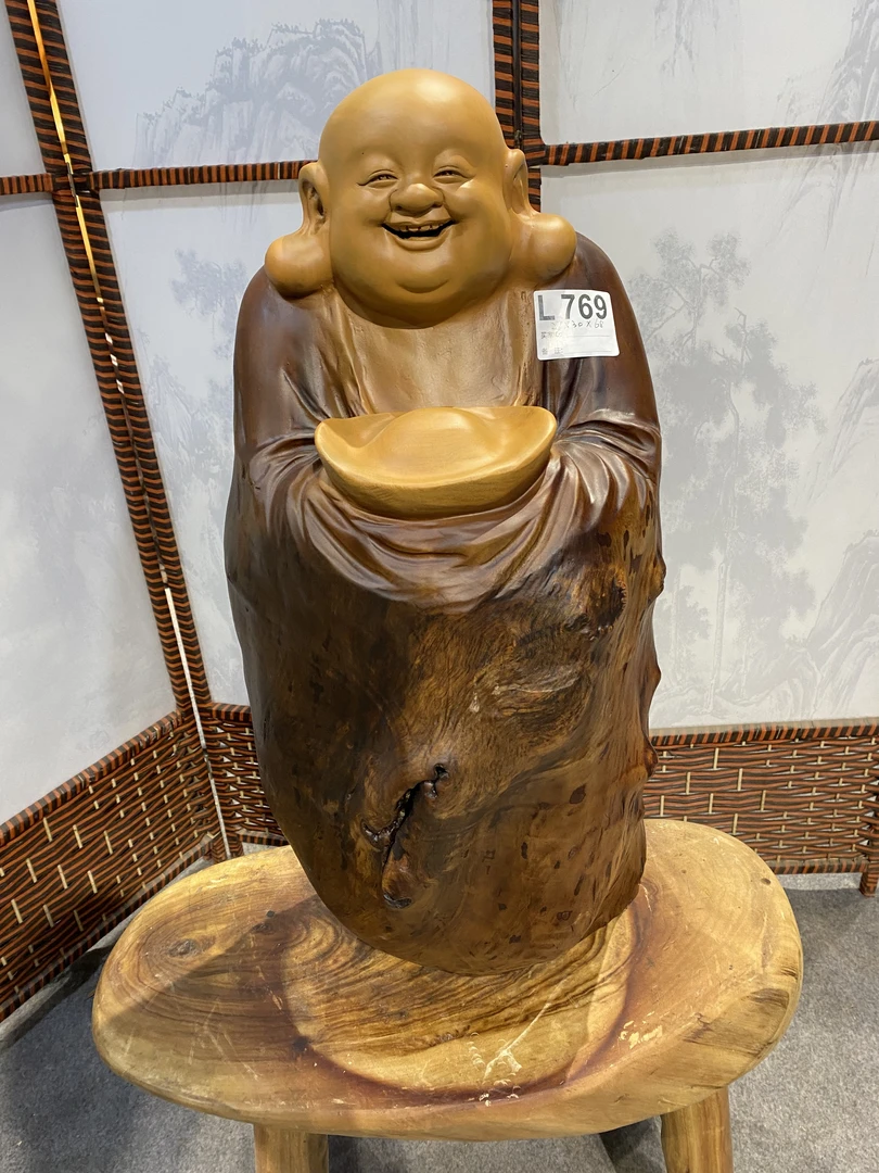 香樟木全实木弥勒佛摆件，招财进宝