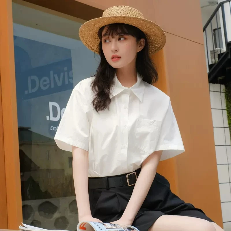 小个子宽松休闲白色衬衫女2025夏季新款设计感小众通勤短袖衬衣女