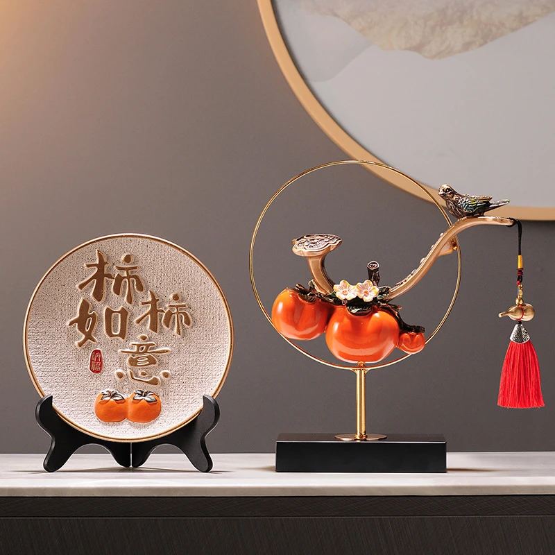 新中式事事如意柿子入门玄关摆件客厅电视柜酒柜办公室摆设装饰品