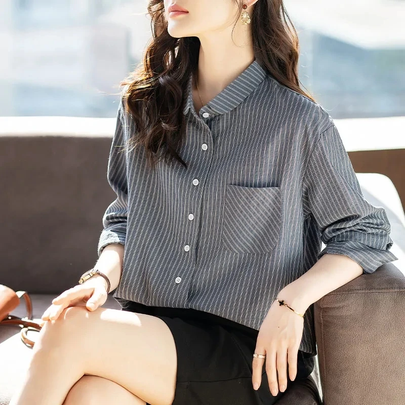 大码女装条纹长袖衬衫女2025年新款春秋衬衣口袋条纹百搭减龄上衣