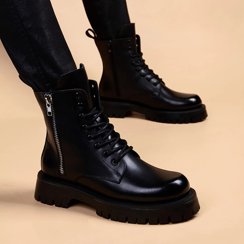 马丁靴潮流百搭冬季保暖加绒工装机车靴厚底时尚男士皮靴休闲靴子