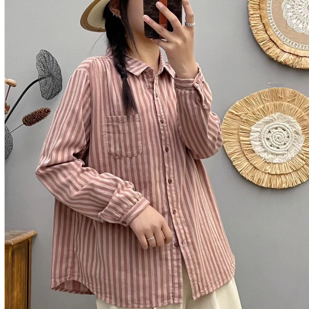 2025春夏新款百搭文艺宽松时尚纯色简约翻领条纹双层棉纱衬衫女士