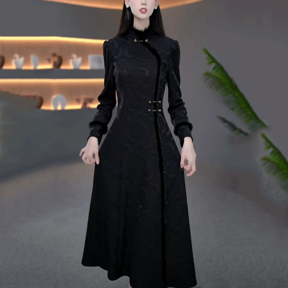 2024年秋冬季新款中式加厚显瘦修身中长款旗袍黑色长袖中长连衣裙