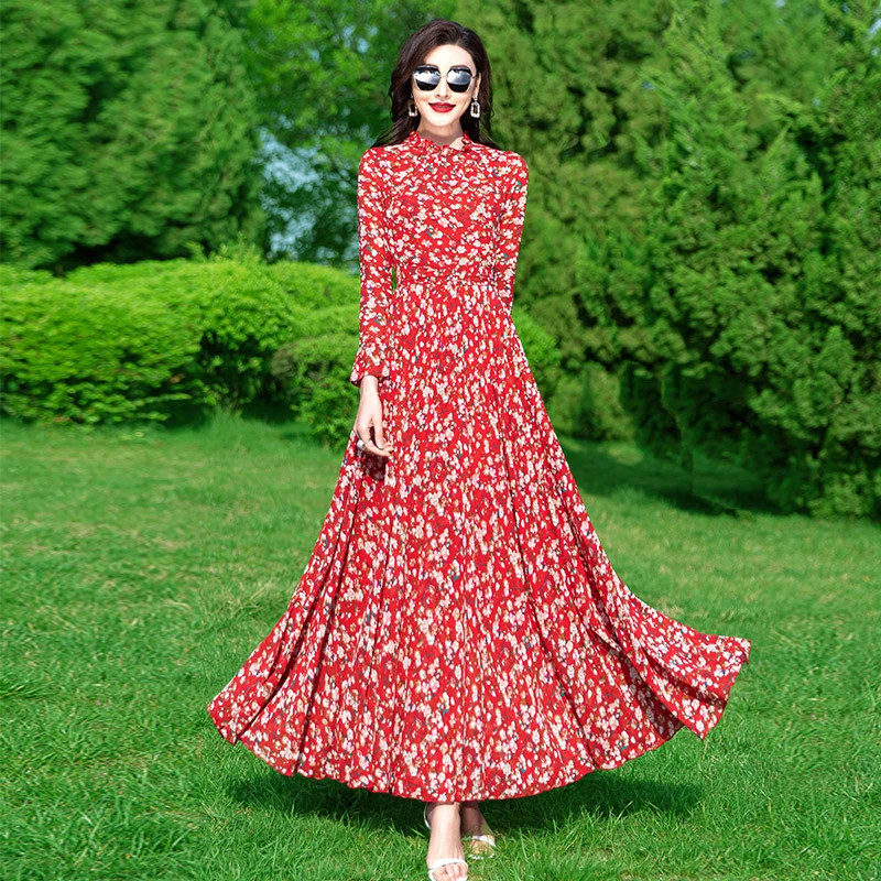 2024春夏氛围感连衣裙碎花超长红色时尚收腰气质大摆夏季印花长裙
