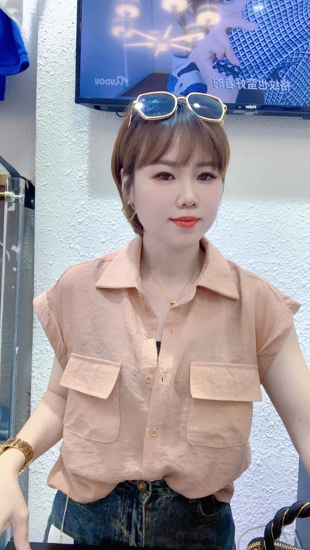(柳子)8929无袖工装雪纺衬衫女夏季新款时尚洋气减龄半袖衬衣潮