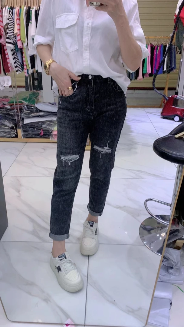 (柳子)8009黑色牛仔裤子女高腰破洞显瘦百搭哈伦老爹裤萝卜