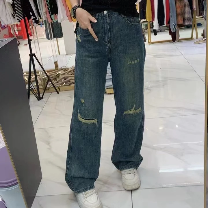 (柳子)6105复古破洞牛仔裤高腰显瘦薄款直筒拖地阔腿裤