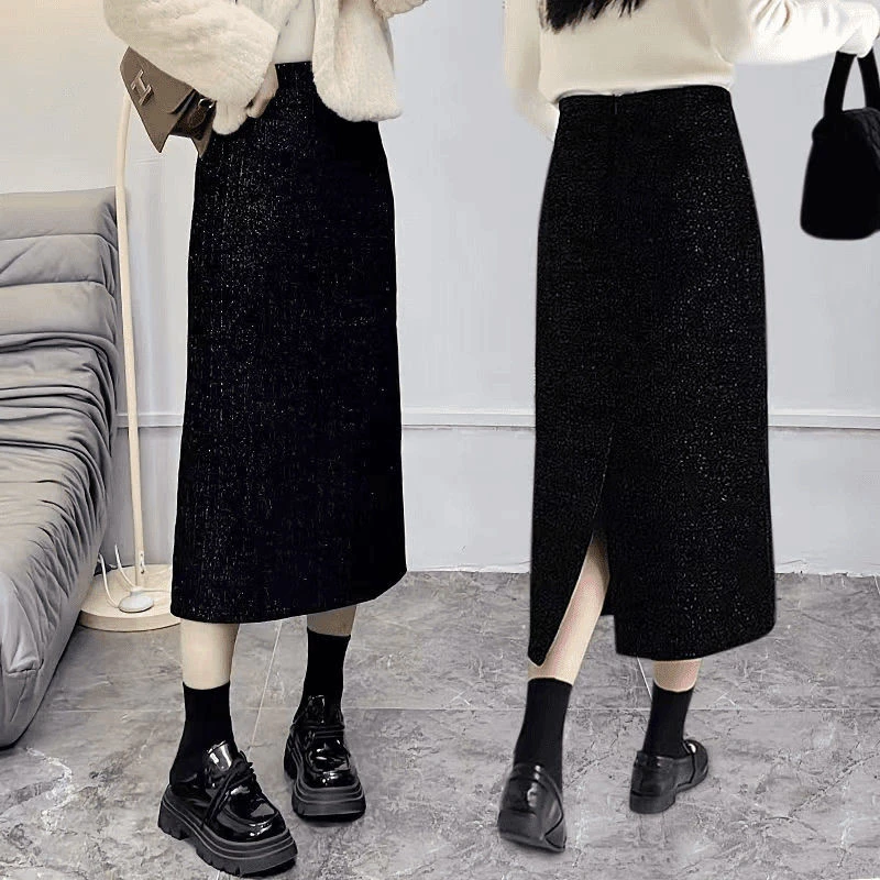 [璀璨星河]时尚高腰藏肉韩版亮丝气质开叉中长小香风过膝半身裙