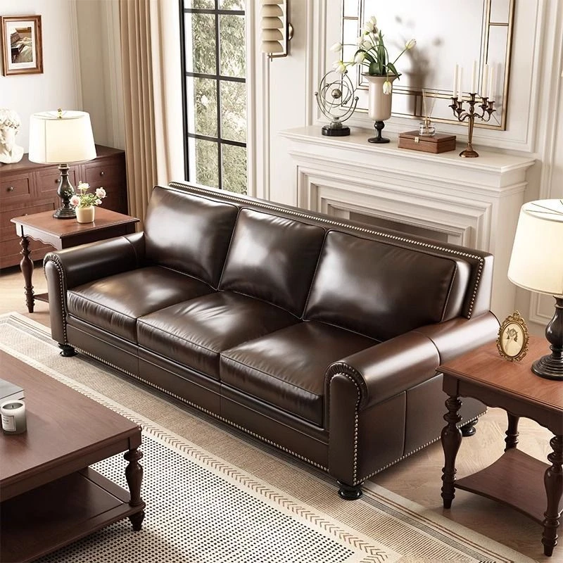 美式复古真皮沙发头层牛皮直排小户型组合大巴顿美式沙发客厅家具