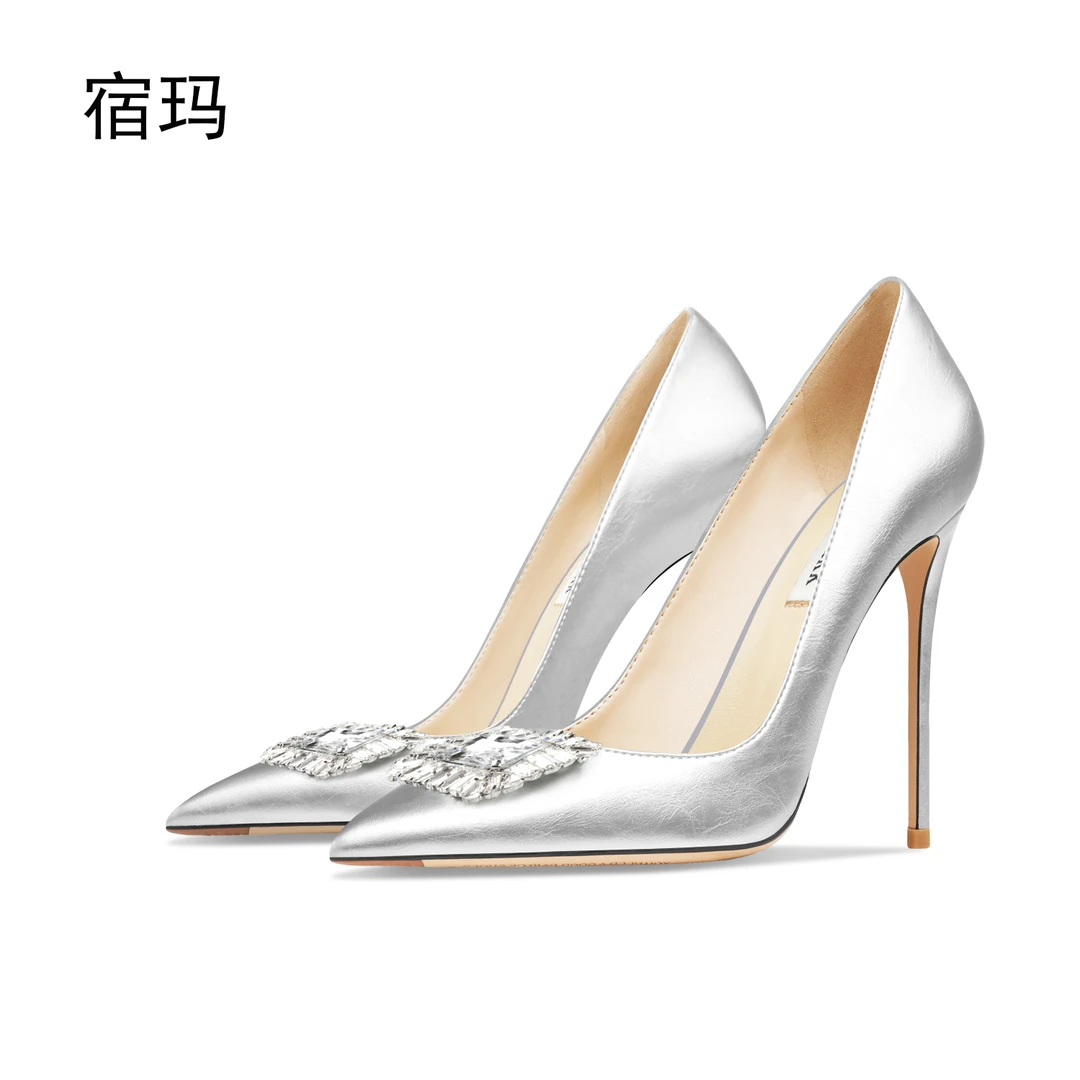 宿玛银色哑光水钻方扣高跟鞋女2025年新款尖头细跟浅口性感单跟鞋