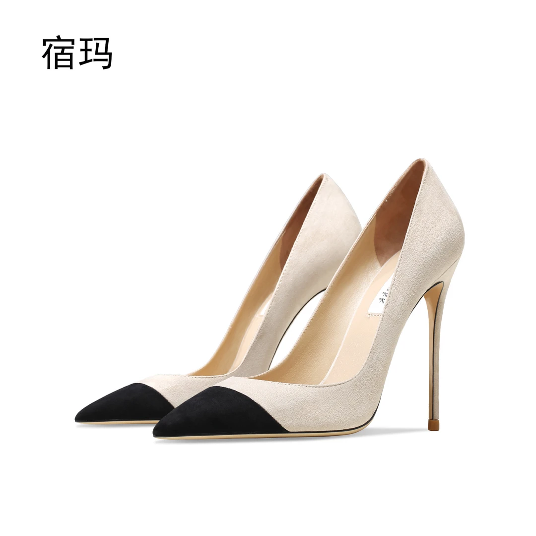 宿玛拼色绒面高跟鞋女2025年新款细跟尖头浅口裸色百搭通勤单鞋