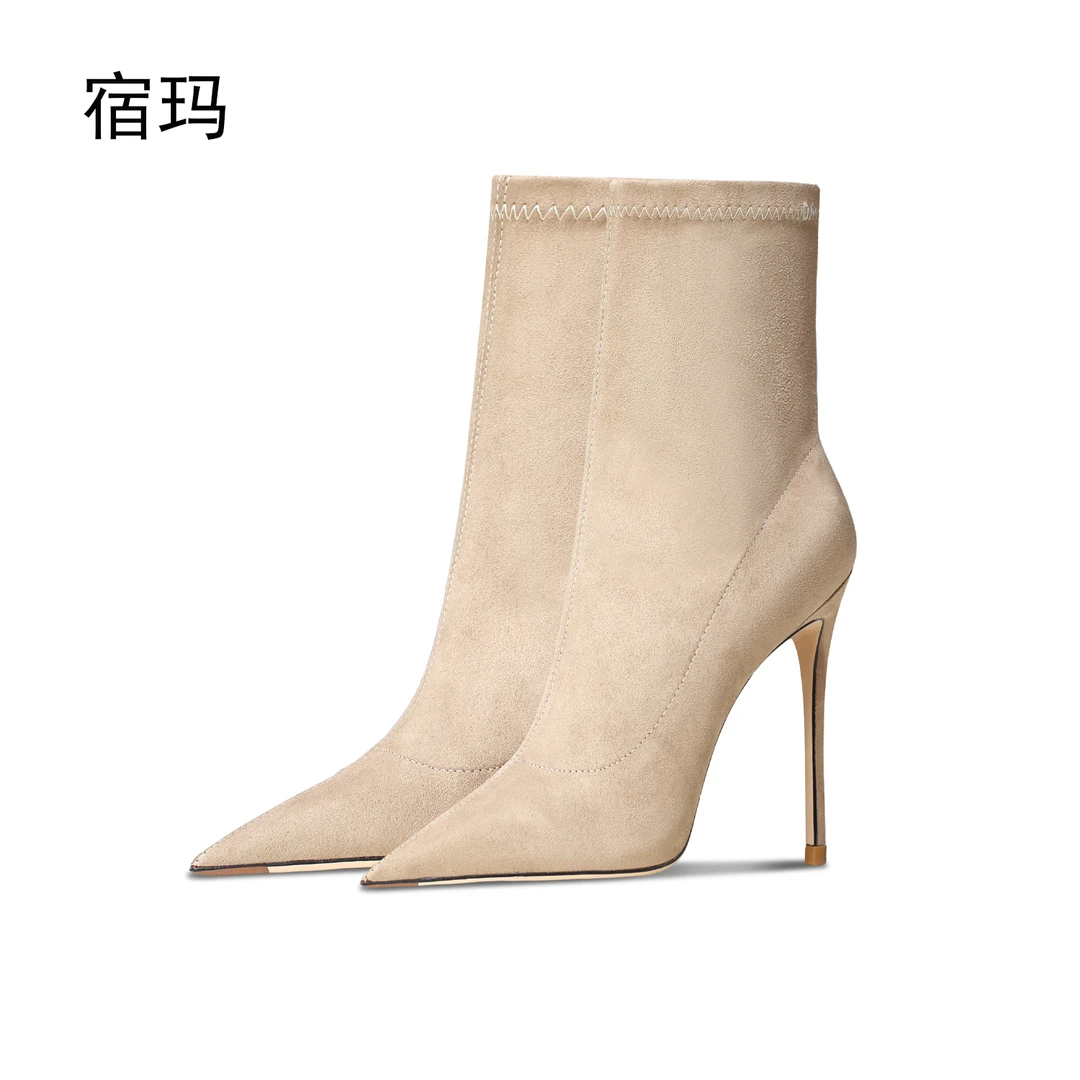 宿玛奶茶色绒面弹力靴女2025年新款尖头细跟瘦瘦靴中筒单靴子