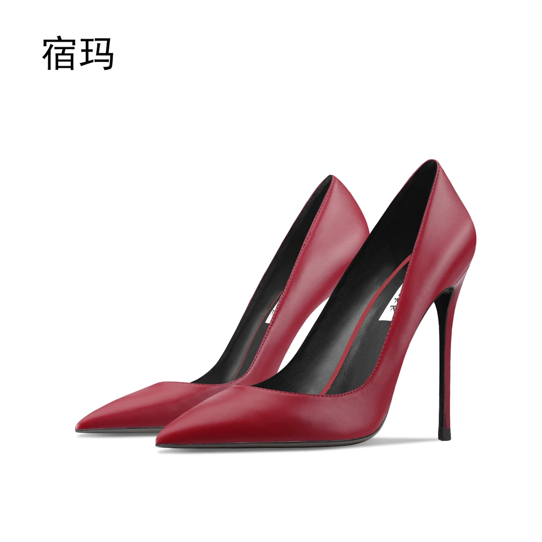 酒红色皮面高跟鞋女2025年新款尖头浅口细跟性感气质欧美宴会单鞋