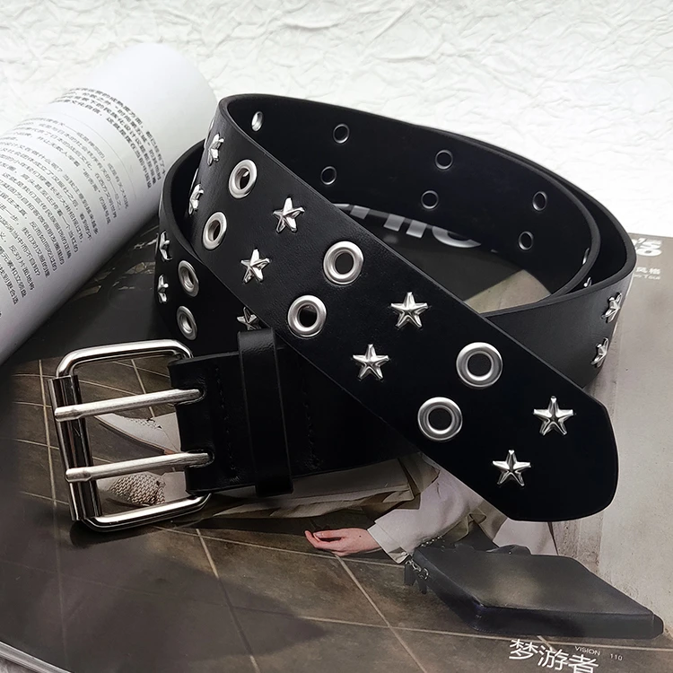 美式复古设计感小众铆钉朋克星星腰带男女同款金属扣头皮带ins风