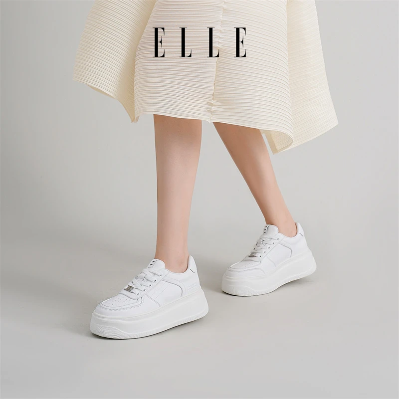 ELLE2025秋季新款学生白色休闲鞋真皮厚底小白鞋圆头时尚百搭板鞋