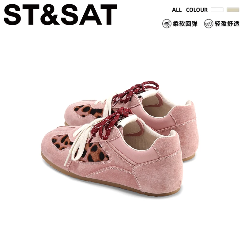 星期六复古豹纹德训鞋女2025秋季新款平底防滑内增高双系带阿甘鞋