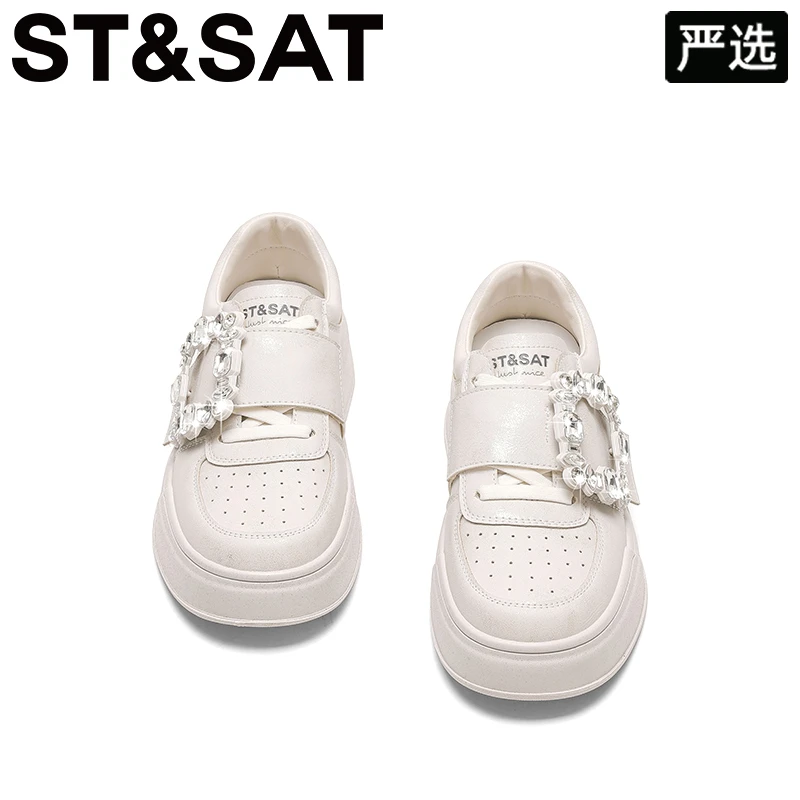 星期六方扣水钻小白鞋女2025秋季魔术贴透气运动板鞋厚底乐福鞋女