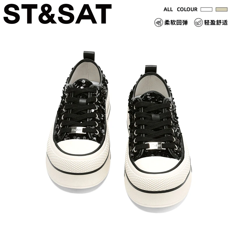 星期六厚底亮片板鞋女2025冬季新款爆款时尚百搭小个子显高帆布鞋