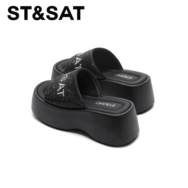 星期六水钻字母小个子厚底拖鞋外穿2025夏季显高显瘦松糕坡跟女鞋