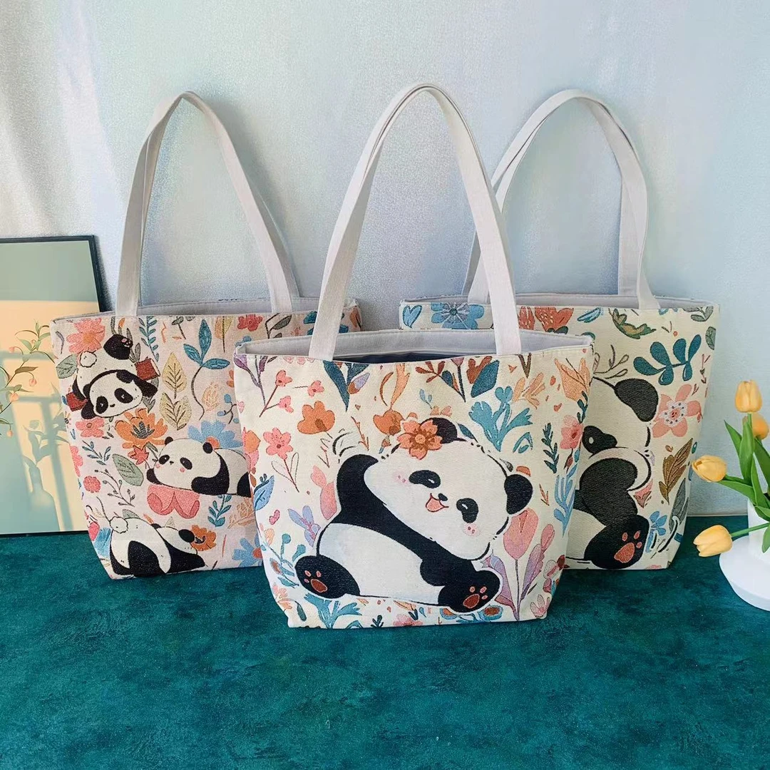 【金丝大包集合】2024新款卡通熊猫帆布刺绣女休闲单肩包托特妈咪包