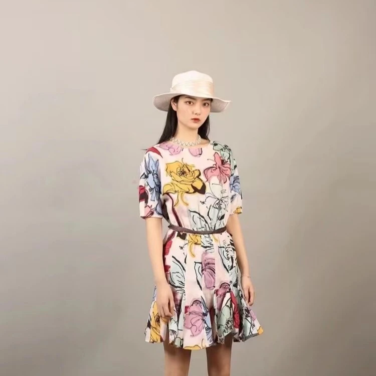 【阿玛施】时尚洋气亚麻印花碎花宽松连衣裙5500213-1A83758-001