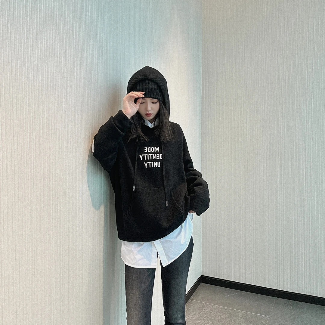 AMASS/阿玛施时尚休闲宽松字母素色针织衫连帽卫衣女5399646