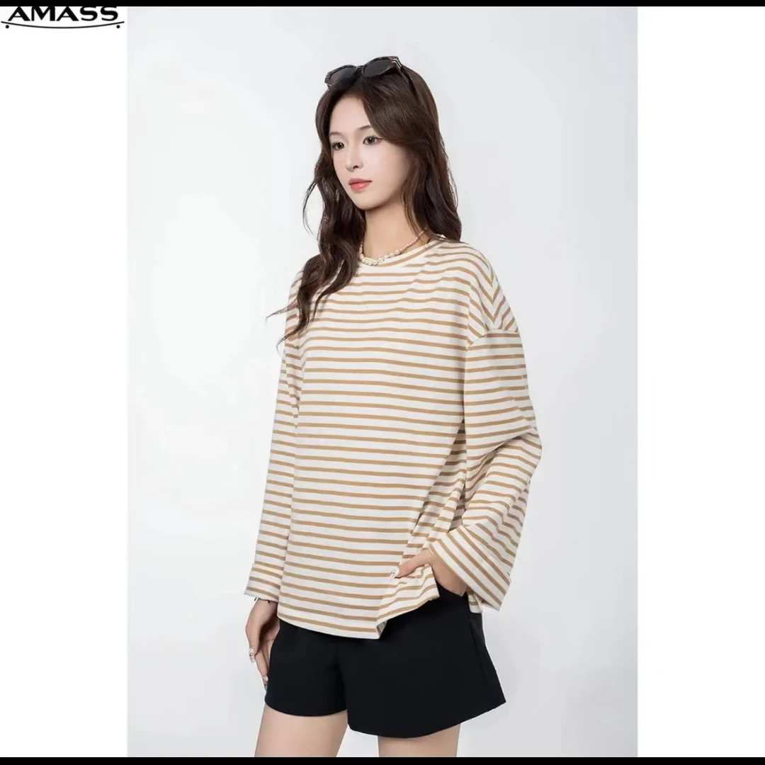 AMASS/阿玛施新款女装经典休闲时尚条纹长袖圆领廓形T恤5301090