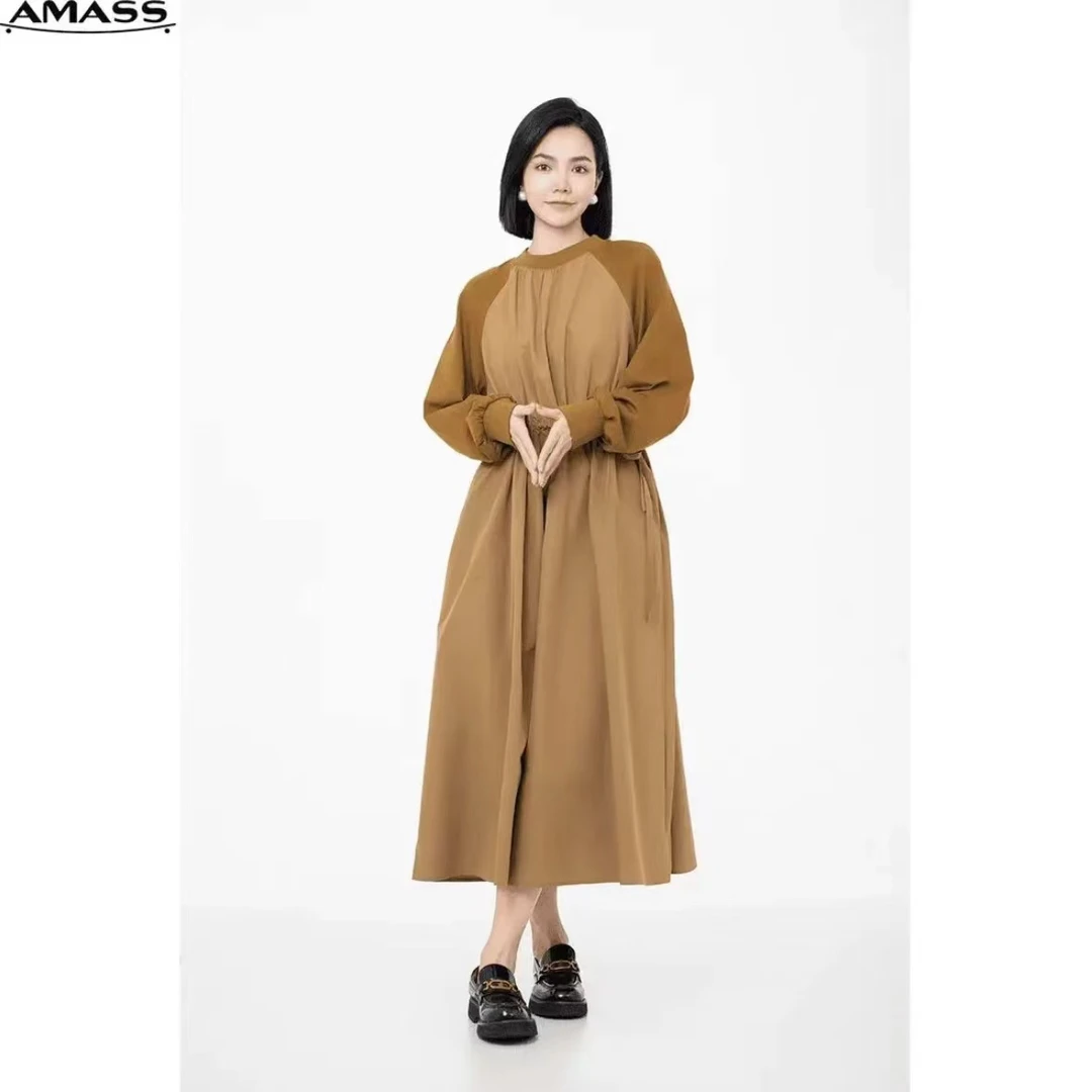 AMASS/阿玛施连衣裙种草新款宽松抽绳收腰拼接撞色连衣裙5500555