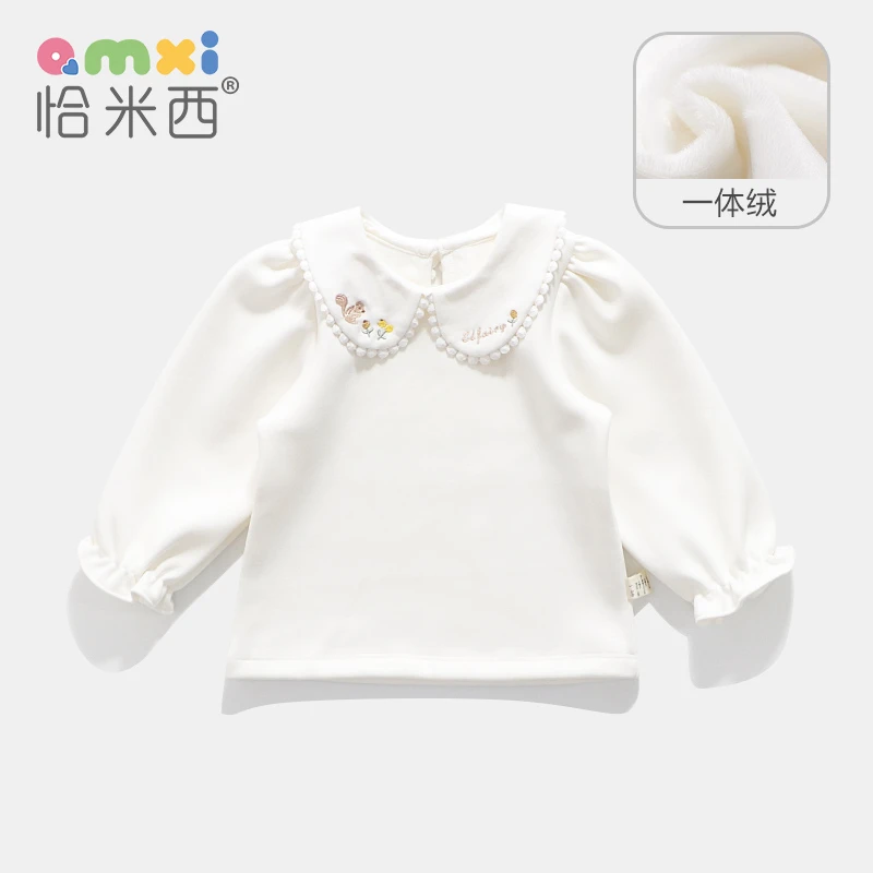 2024冬装女童加绒打底衫宝宝刺绣娃娃领翻领加厚T恤女宝保暖内搭