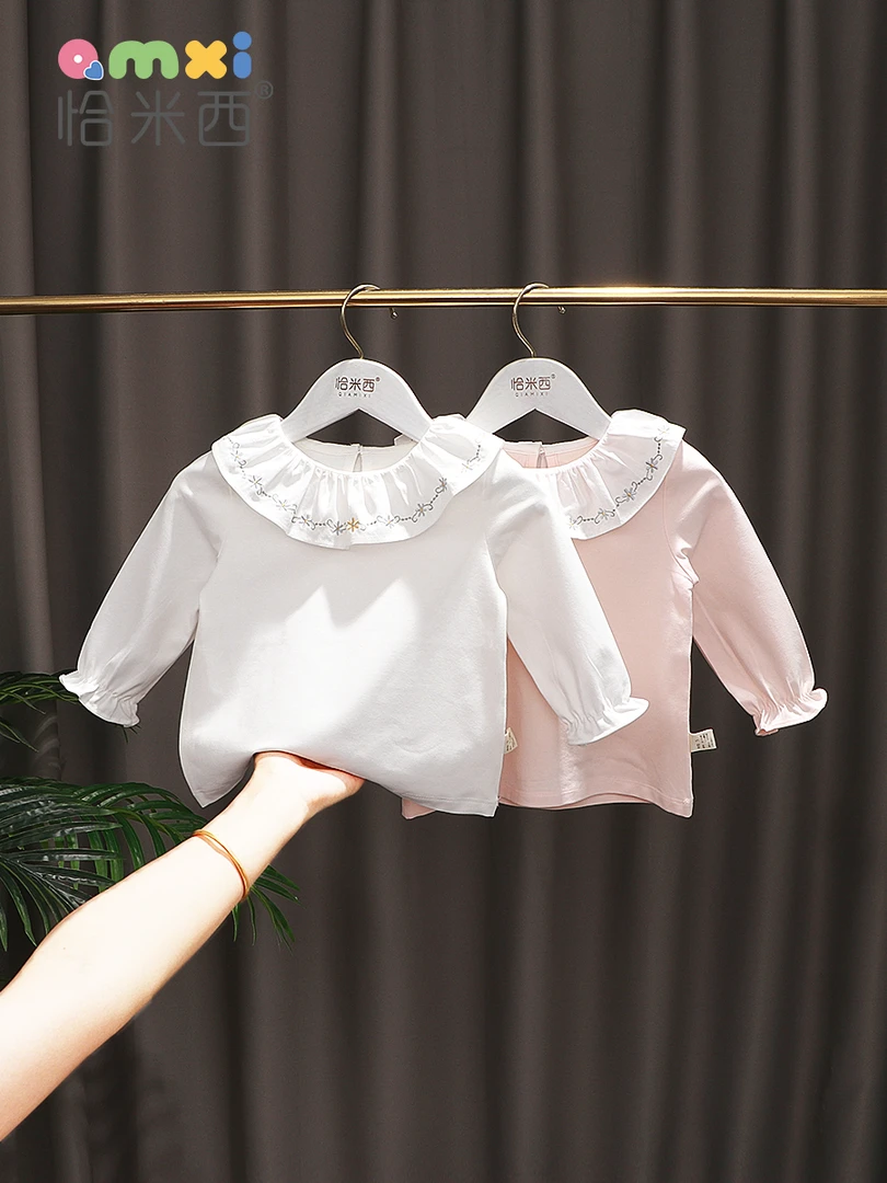 2024春秋女童荷叶领翻领打底衫女宝宝银线绣花娃娃领内搭长袖T恤