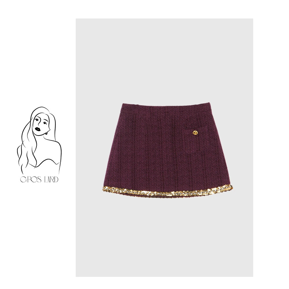 多肉宝贝羊毛亮片镶边高级感小香分半裙高腰显瘦A字半身裙XL24036