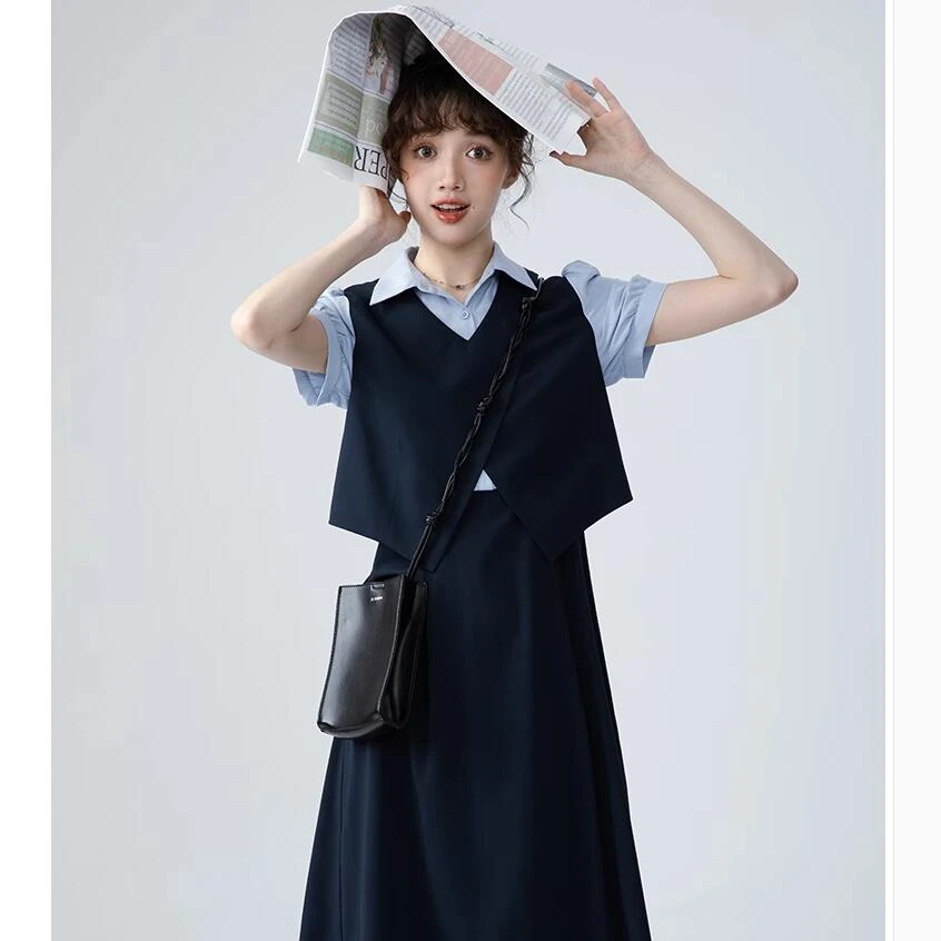 夏季学院风假两件拼接短袖女新款显瘦收腰小个子设计感小众裙子